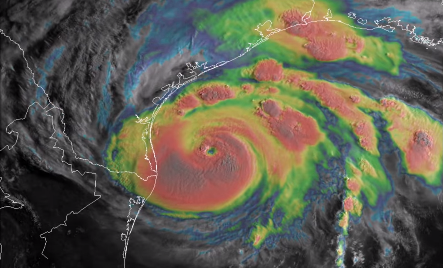 GOES satellite image of a large storm system approaching landfall.