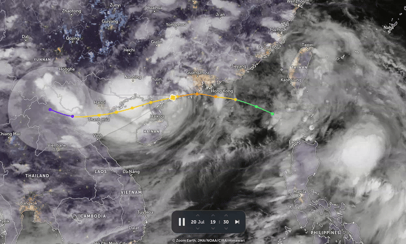 GIF showing storm formation and movement off the coast of Hanoi, tracked by Himawari satellite.